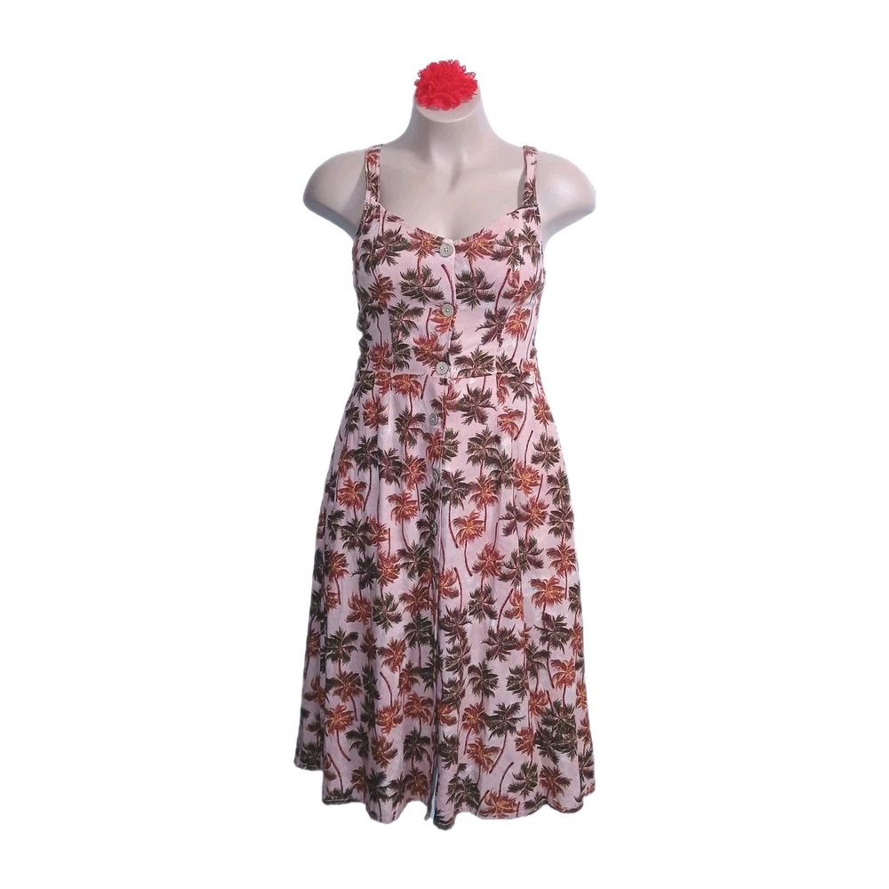 A.N.A Linen Cotton Blend Women Midi Dress L Pink Palm Tree Tropical Hawaii Vacay
